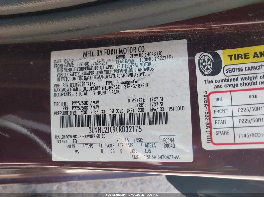 2012 Lincoln Mkz VIN: 3LNHL2JC9CR832175 Lot: 45499901
