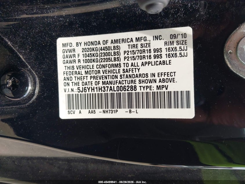 2010 Honda Element Lx VIN: 5J6YH1H37AL006288 Lot: 45499941
