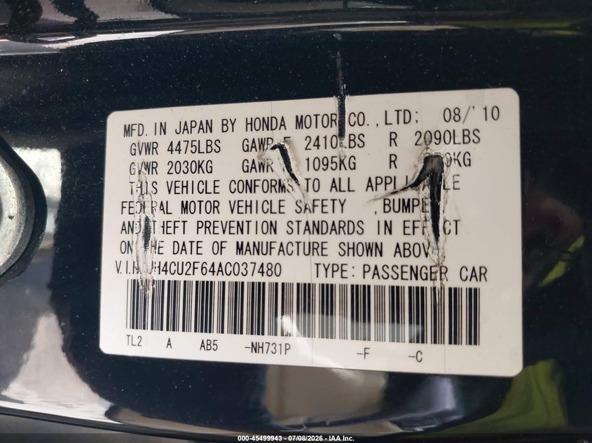 2010 Acura Tsx 2.4 VIN: JH4CU2F64AC037480 Lot: 45499943