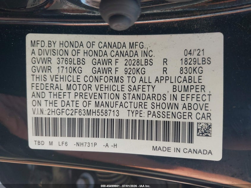VIN 2HGFC2F63MH558713 2021 HONDA CIVIC LX