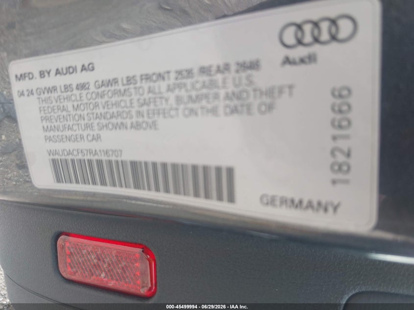 2024 Audi A5 Sportback Premium 45 Tfsi S Line Quattro S Tronic VIN: WAUDACF57RA116707 Lot: 45499994