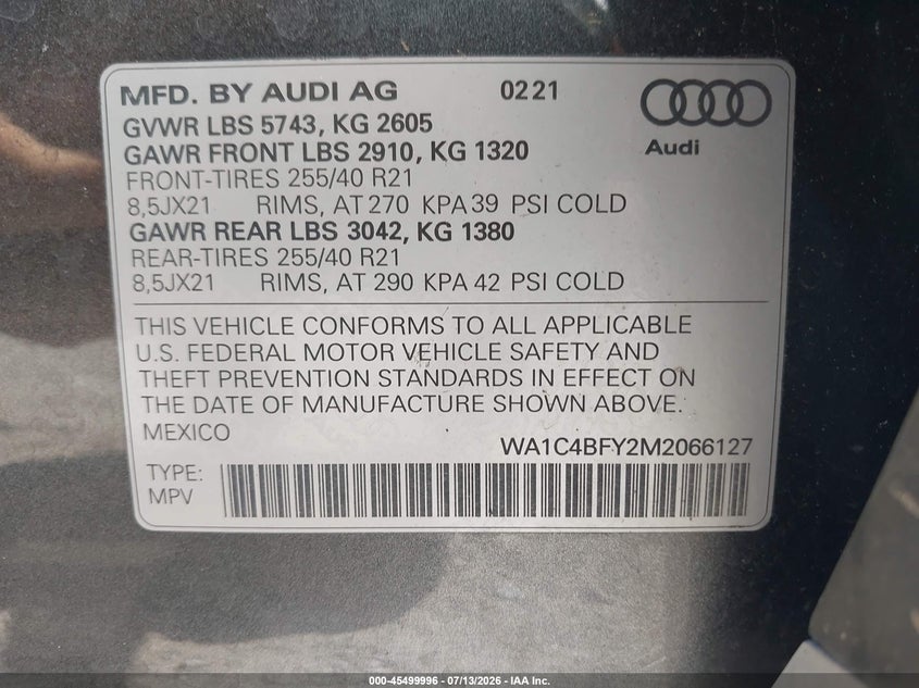 2021 Audi Sq5 Prestige Tfsi Quattro Tiptronic VIN: WA1C4BFY2M2066127 Lot: 45499996