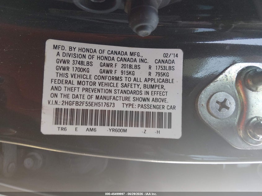 2014 HONDA CIVIC SEDAN 1.8L I-4 VVT, 143HP