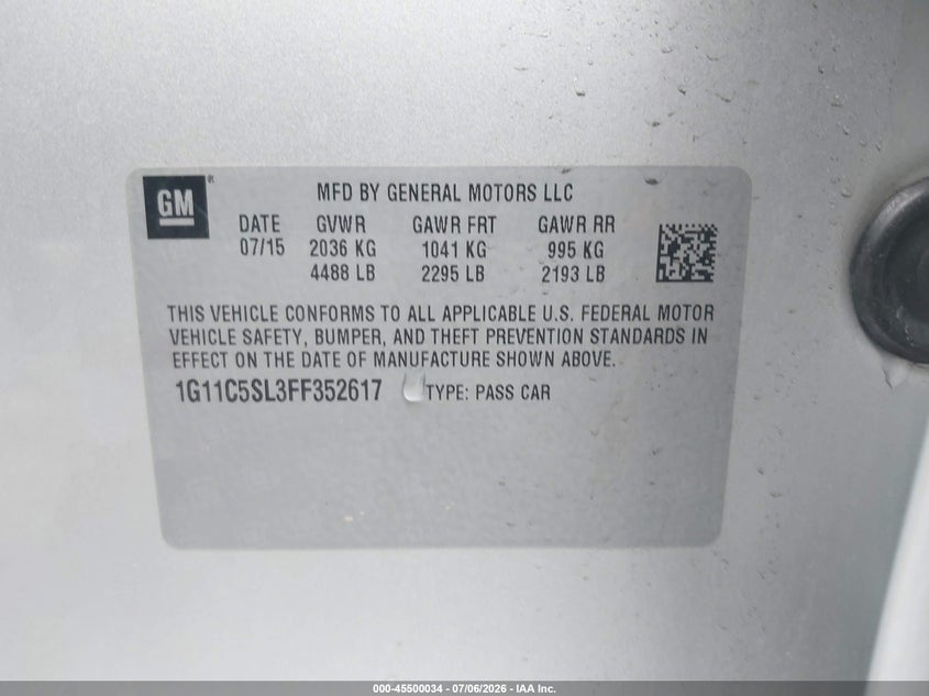 2015 CHEVROLET MALIBU SEDAN 2.5L I-4 DI, DOHC, VVT, 196HP