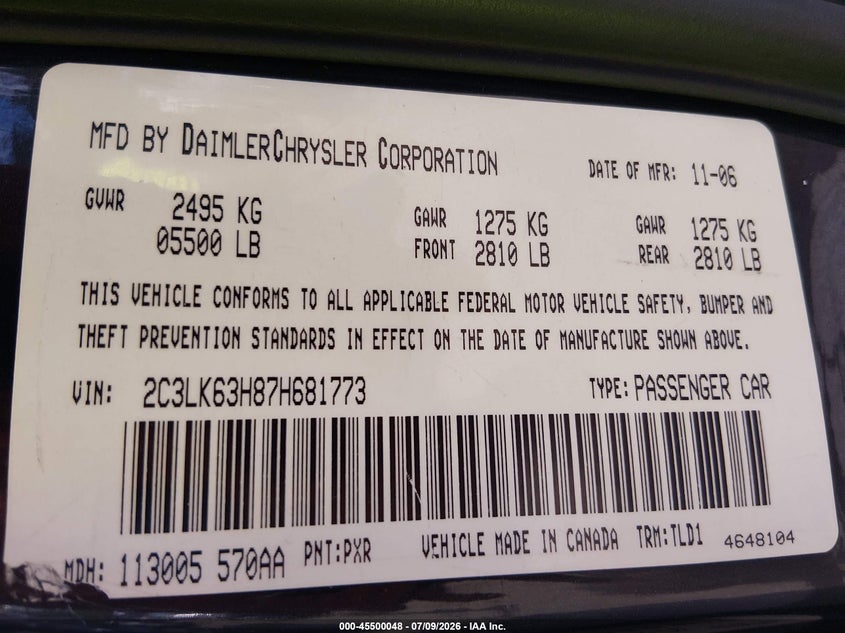 2007 Chrysler 300C VIN: 2C3LK63H87H681773 Lot: 45500048