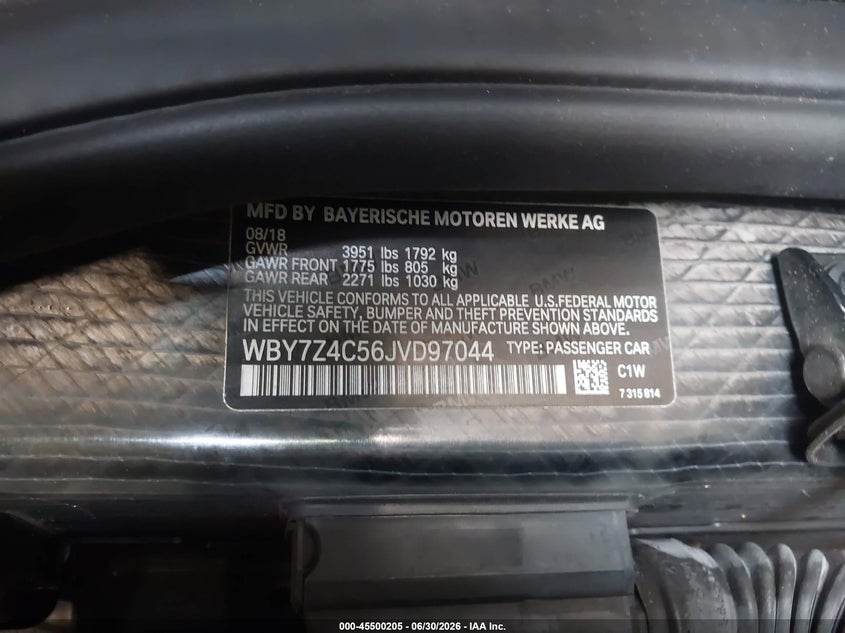 2018 BMW I3 94Ah W/Range Extender VIN: WBY7Z4C56JVD97044 Lot: 45500205