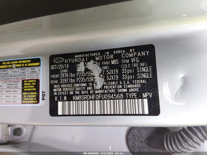 2015 Hyundai Santa Fe Limited VIN: KM8SRDHF0FU094568 Lot: 45500208