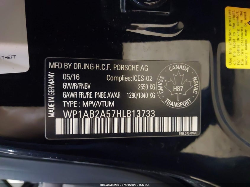2017 Porsche Macan S VIN: WP1AB2A57HLB13733 Lot: 45500239