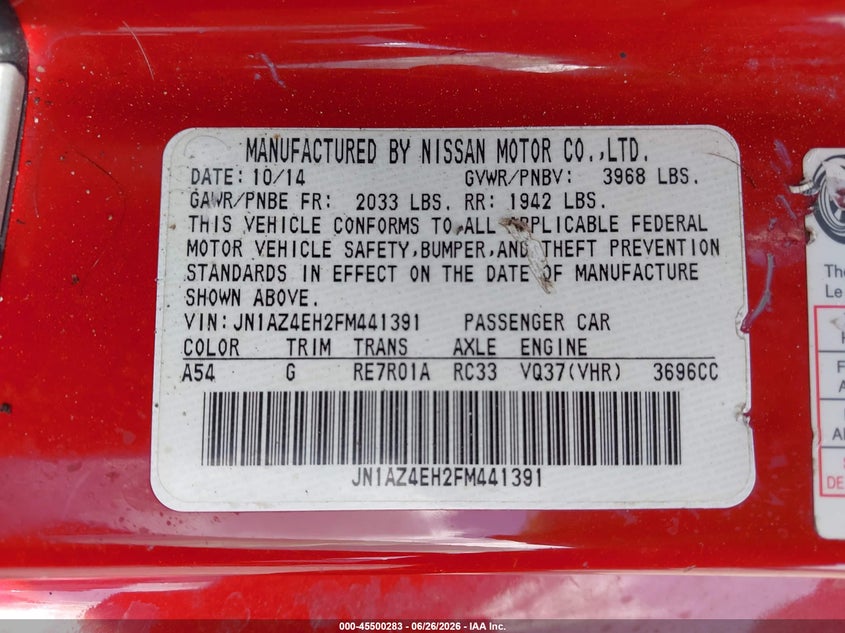 2015 Nissan 370Z VIN: JN1AZ4EH2FM441391 Lot: 45500283