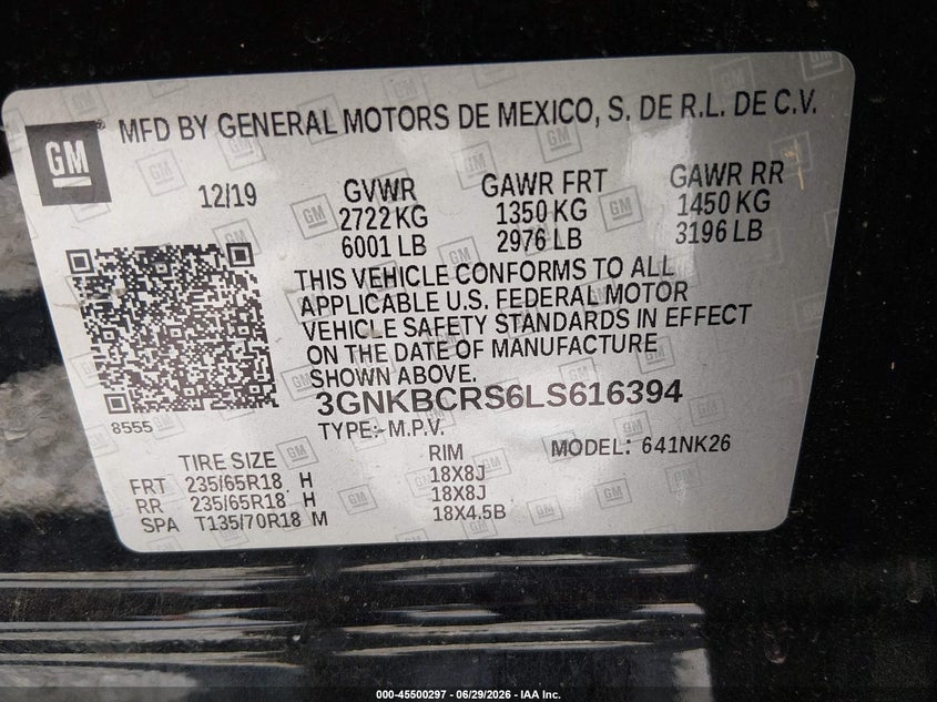 CHEVROLET BLAZER 2020 VIN 3GNKBCRS6LS616394