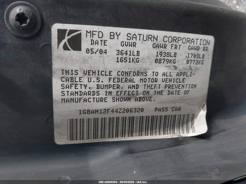 2004 Saturn Ion 2 VIN: 1G8AN12F44Z206320 Lot: 45500304