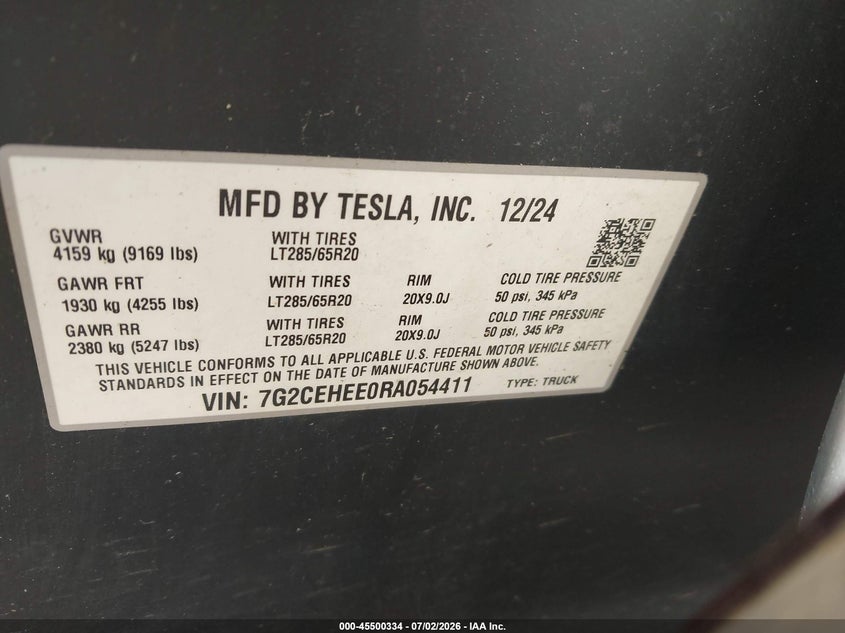 2024 Tesla Cybertruck Cyberbeast VIN: 7G2CEHEE0RA054411 Lot: 45500334