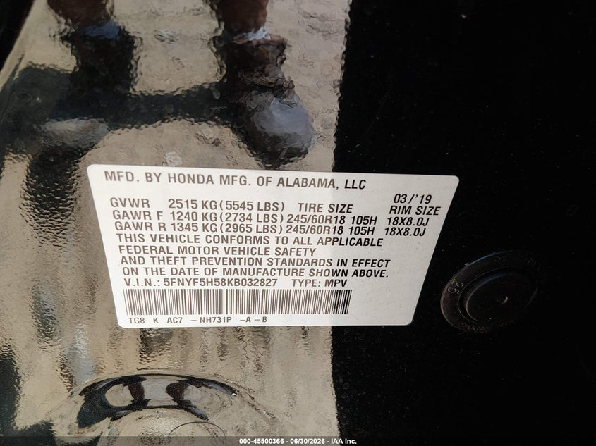 VIN 5FNYF5H58KB032827 2019 HONDA PILOT EX-L