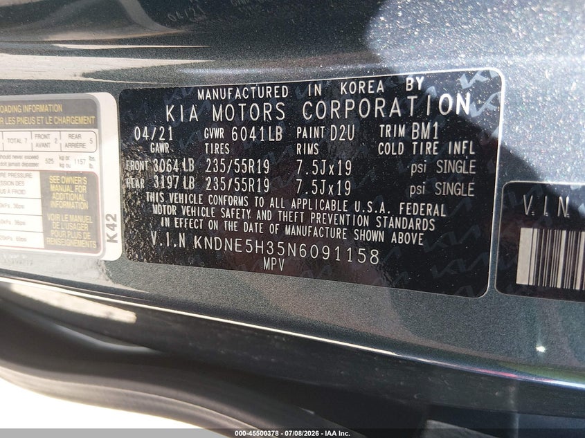 2022 Kia Carnival Mpv Sx Prestige VIN: KNDNE5H35N6091158 Lot: 45500378