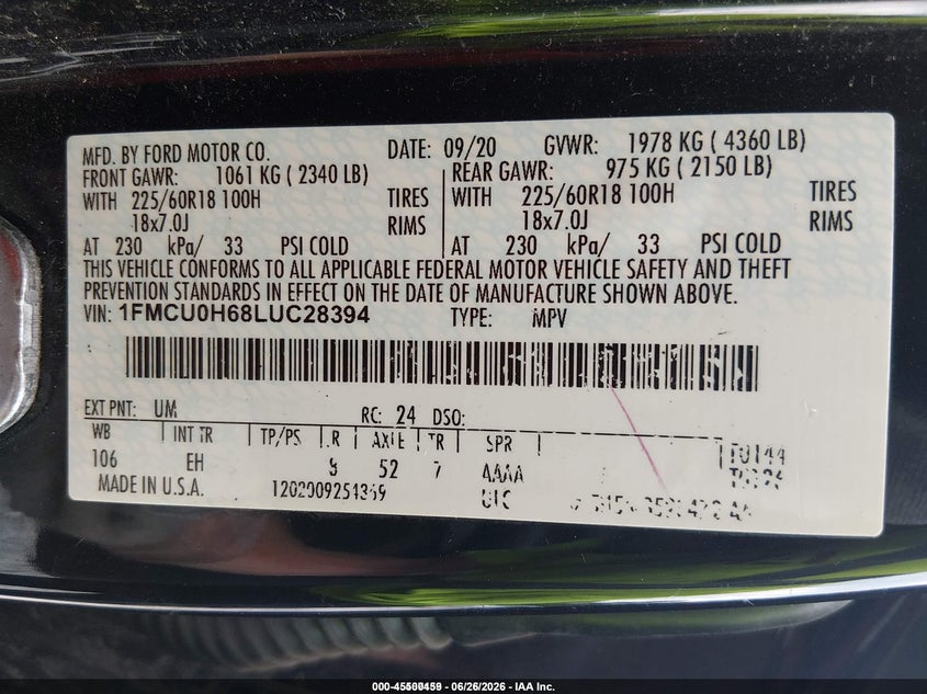 VIN 1FMCU0H68LUC28394 2020 FORD ESCAPE SEL