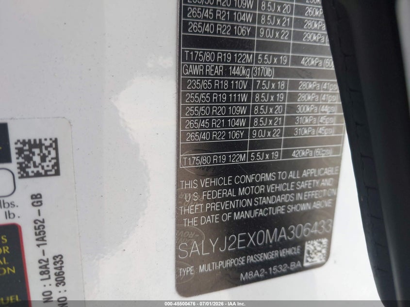 2021 Land Rover Range Rover Velar P250 S VIN: SALYJ2EX0MA306433 Lot: 45500476