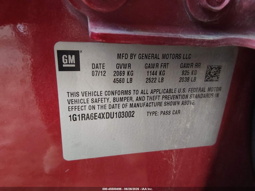 2013 Chevrolet Volt VIN: 1G1RA6E4XDU103002 Lot: 45500496