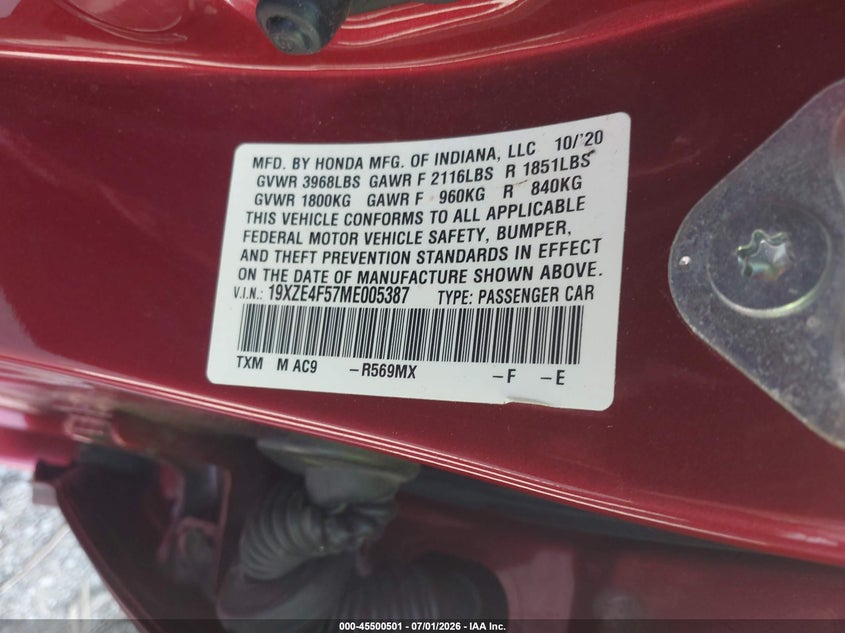2021 Honda Insight Ex VIN: 19XZE4F57ME005387 Lot: 45500501