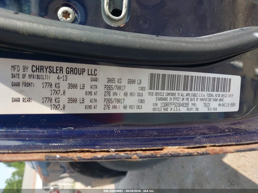 RAM 1500 2013 VIN 1C6RR7FP5DS648395