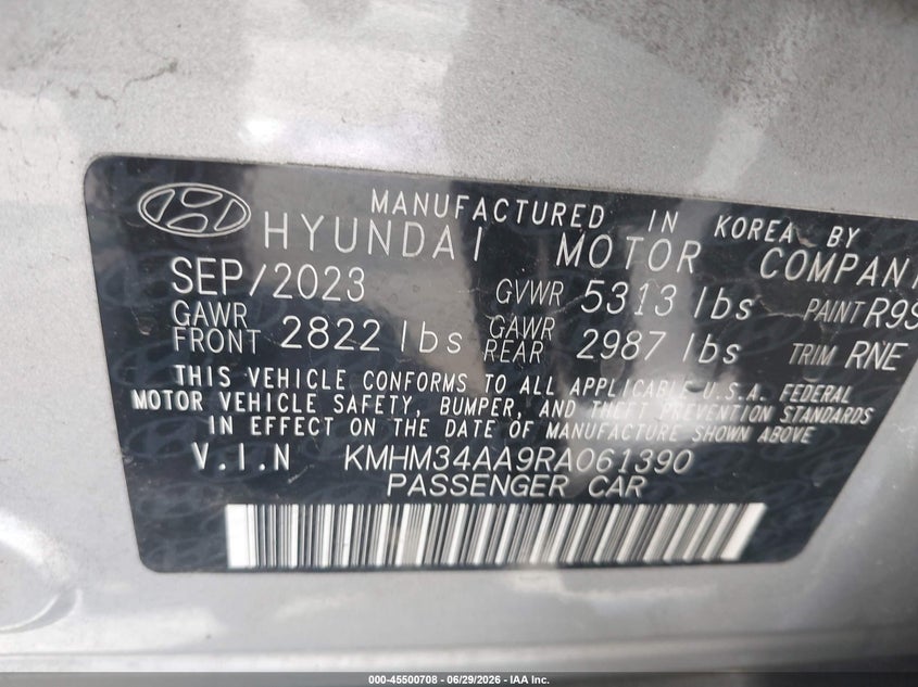 2024 Hyundai Ioniq 6 Sel VIN: KMHM34AA9RA061390 Lot: 45500708