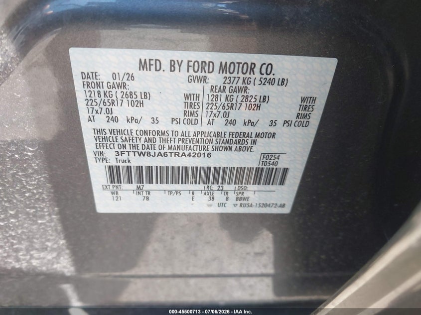 2026 Ford Maverick Xlt VIN: 3FTTW8JA6TRA42016 Lot: 45500713