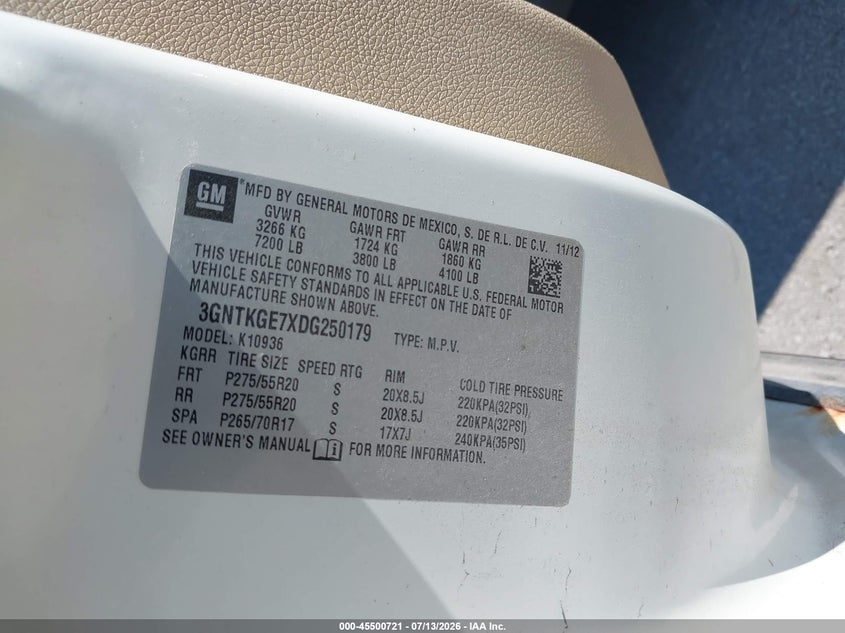 2013 Chevrolet Avalanche Ltz VIN: 3GNTKGE7XDG250179 Lot: 45500721