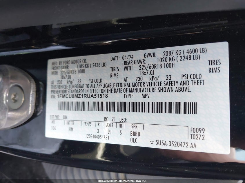 2024 FORD ESCAPE SPORT UTILITY VEHICLE 2.5L I-4 DOHC, VVT, 163HP