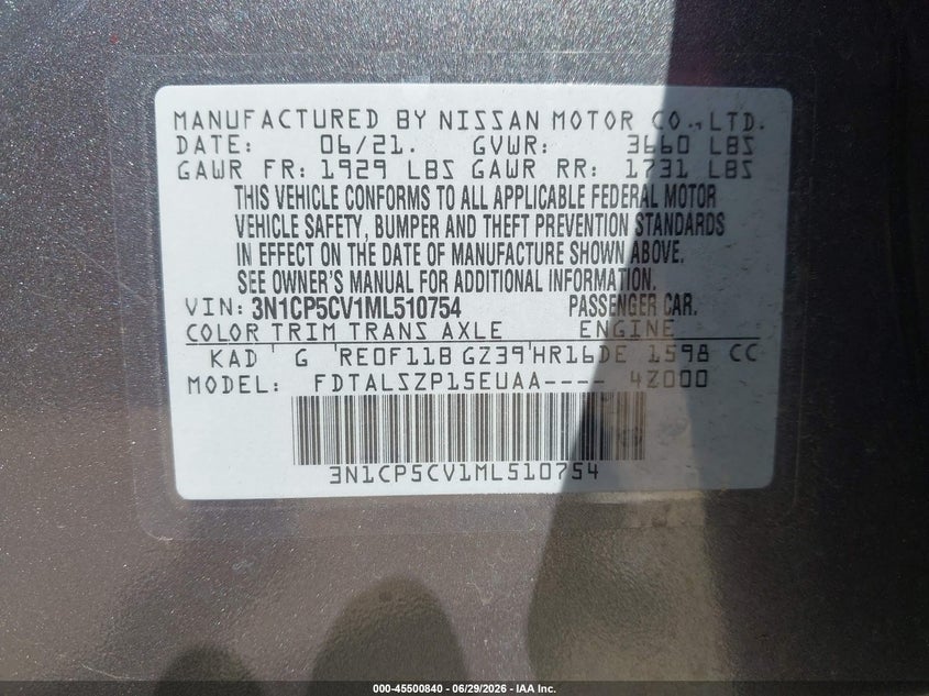 2021 Nissan Kicks Sv Xtronic Cvt VIN: 3N1CP5CV1ML510754 Lot: 45500840