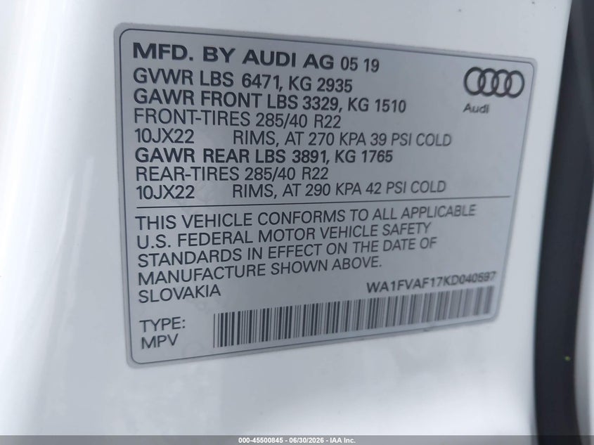 2019 Audi Q8 55 Premium VIN: WA1FVAF17KD040597 Lot: 45500845