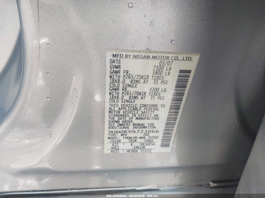 2007 Nissan Armada Le VIN: 5N1BA08C97N723066 Lot: 45500949