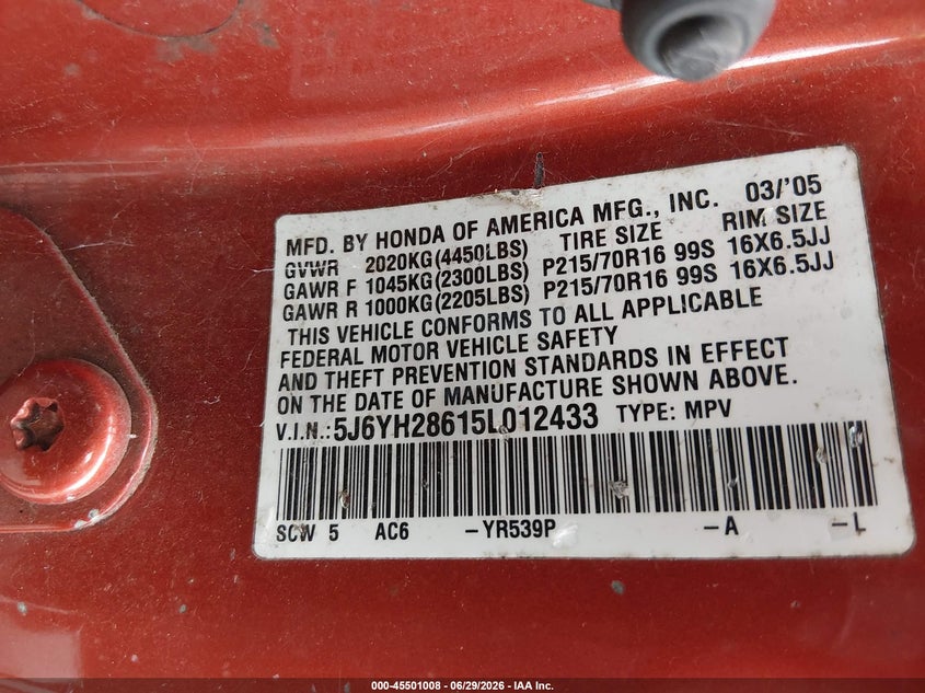 2005 Honda Element Ex VIN: 5J6YH28615L012433 Lot: 45501008