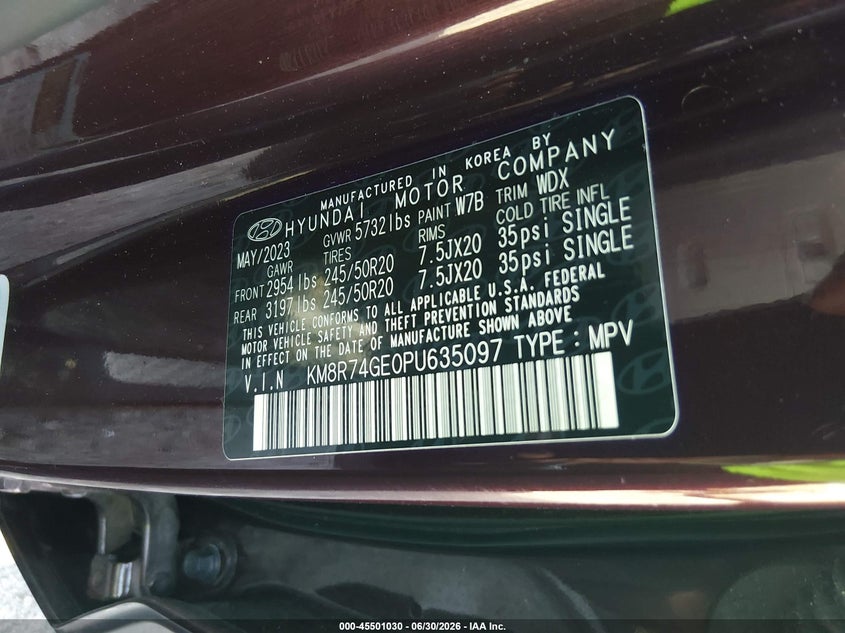 2023 Hyundai Palisade Calligraphy VIN: KM8R74GE0PU635097 Lot: 45501030