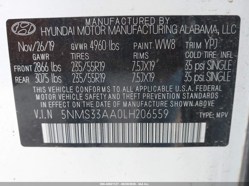 2020 Hyundai Santa Fe Sel 2.0T VIN: 5NMS33AA0LH206559 Lot: 45501127