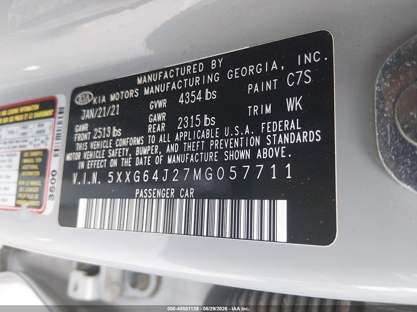 2021 Kia K5 Gt-Line VIN: 5XXG64J27MG057711 Lot: 45501139