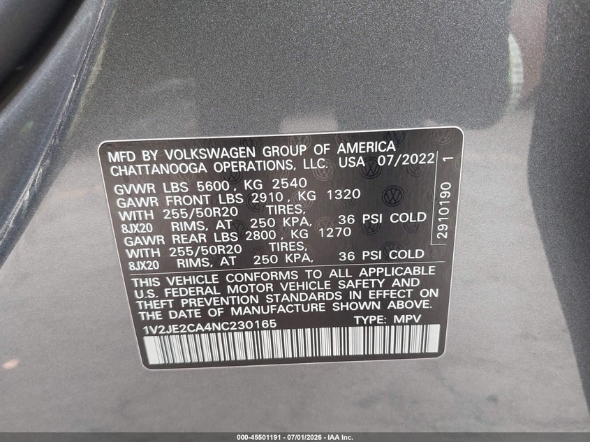 2022 Volkswagen Atlas Cross Sport 3.6L V6 Se W/Technology VIN: 1V2JE2CA4NC230165 Lot: 45501191