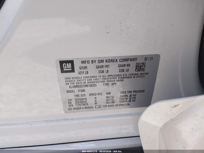 2021 Buick Encore Gx Fwd Select VIN: KL4MMDS21MB156323 Lot: 45501215