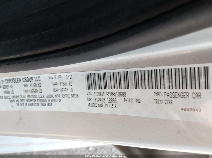 2011 Dodge Avenger Mainstreet VIN: 1B3BD1FG9BN519689 Lot: 45501245