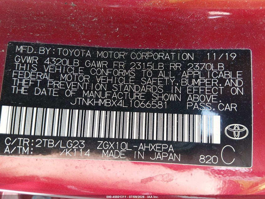 2020 Toyota C-Hr Limited VIN: JTNKHMBX4L1066581 Lot: 45501311
