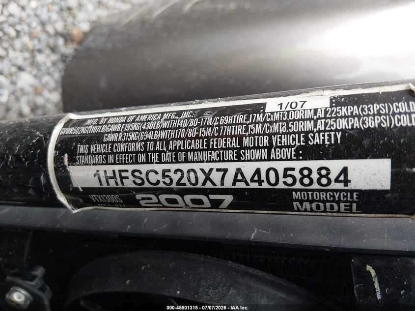 2007 Honda Vtx1300 S VIN: 1HFSC520X7A405884 Lot: 45501315