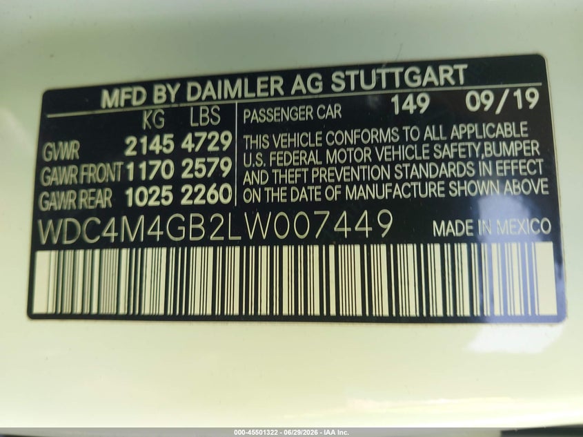 2020 Mercedes-Benz Glb 250 VIN: WDC4M4GB2LW007449 Lot: 45501322