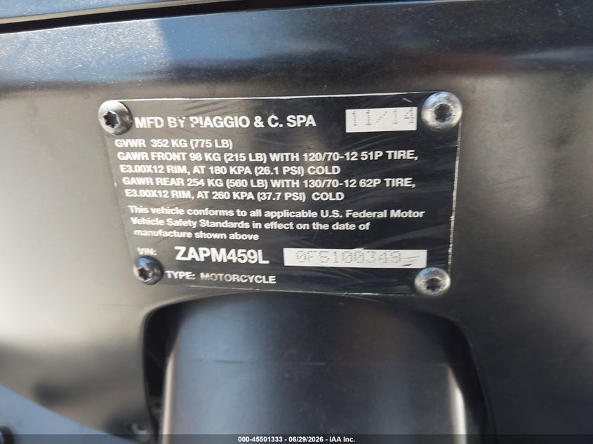 2015 Vespa Gts 300 Super VIN: ZAPM459L0F5100349 Lot: 45501333