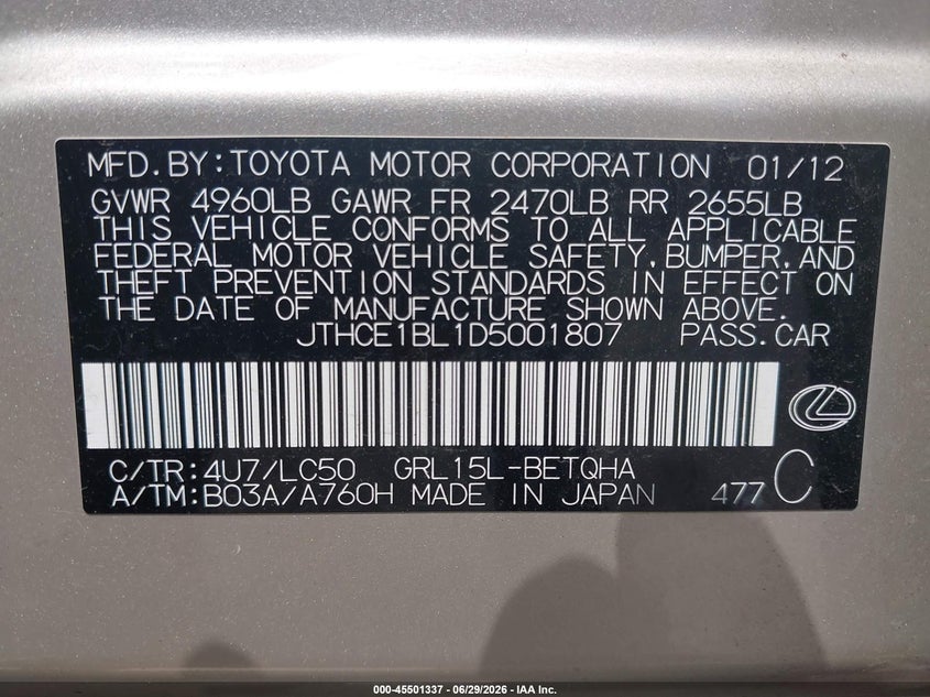 2013 Lexus Gs 350 VIN: JTHCE1BL1D5001807 Lot: 45501337