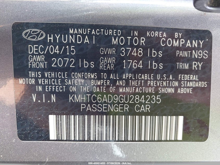 2016 Hyundai Veloster VIN: KMHTC6AD9GU284235 Lot: 45501405