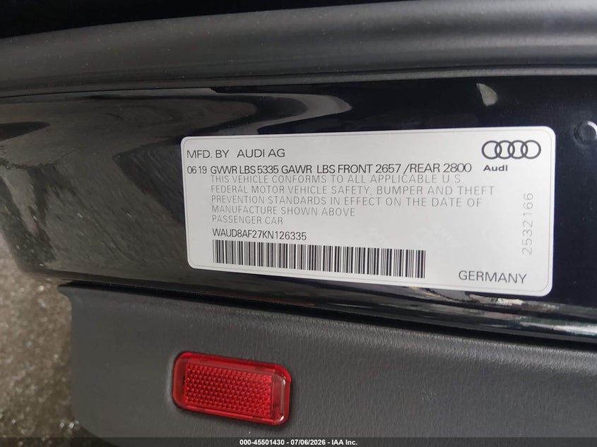 2019 Audi A6 45 Premium VIN: WAUD8AF27KN126335 Lot: 45501430
