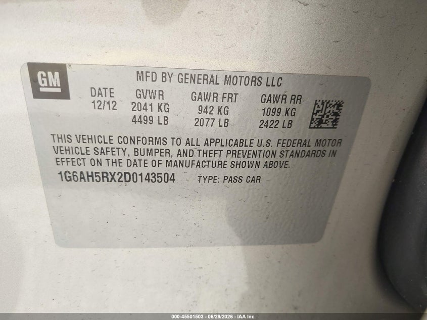 2013 Cadillac Ats Luxury VIN: 1G6AH5RX2D0143504 Lot: 45501503