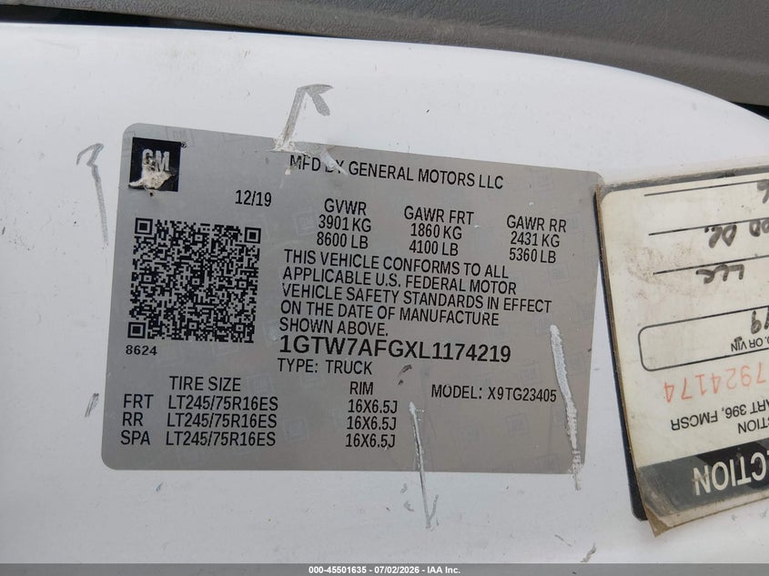 2020 GMC Savana Cargo Rwd 2500 Regular Wheelbase Work Van VIN: 1GTW7AFGXL1174219 Lot: 45501635