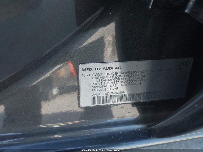 2022 Audi A3 Premium Plus 40 Tfsi Front-Wheel Drive S Tronic VIN: WAUBUDGY2NA019096 Lot: 45501645
