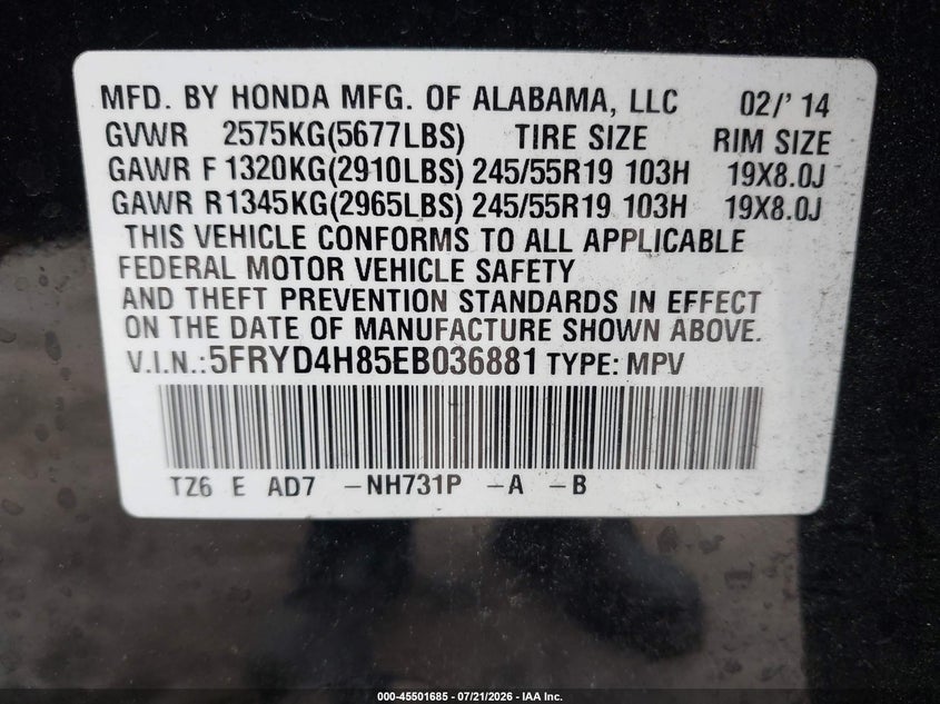 2014 Acura Mdx Advance Pkg W/Entertainment Pkg VIN: 5FRYD4H85EB036881 Lot: 45501685