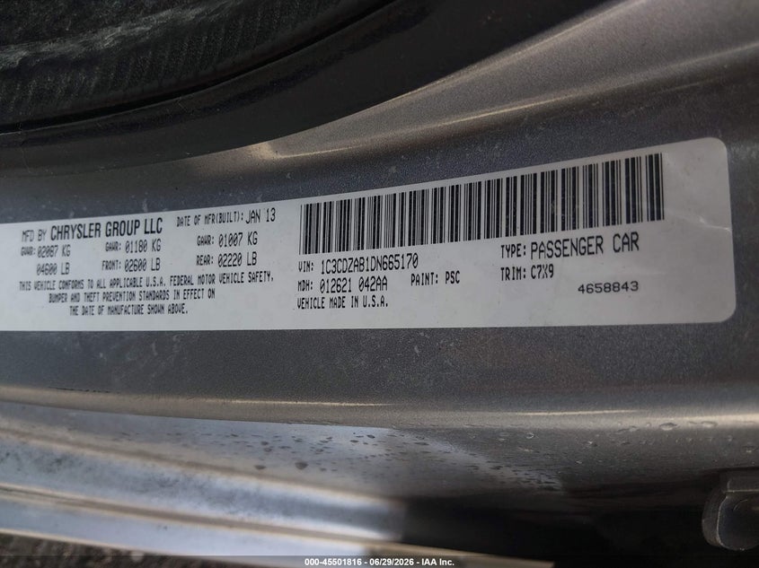 2013 Dodge Avenger Se VIN: 1C3CDZAB1DN665170 Lot: 45501816