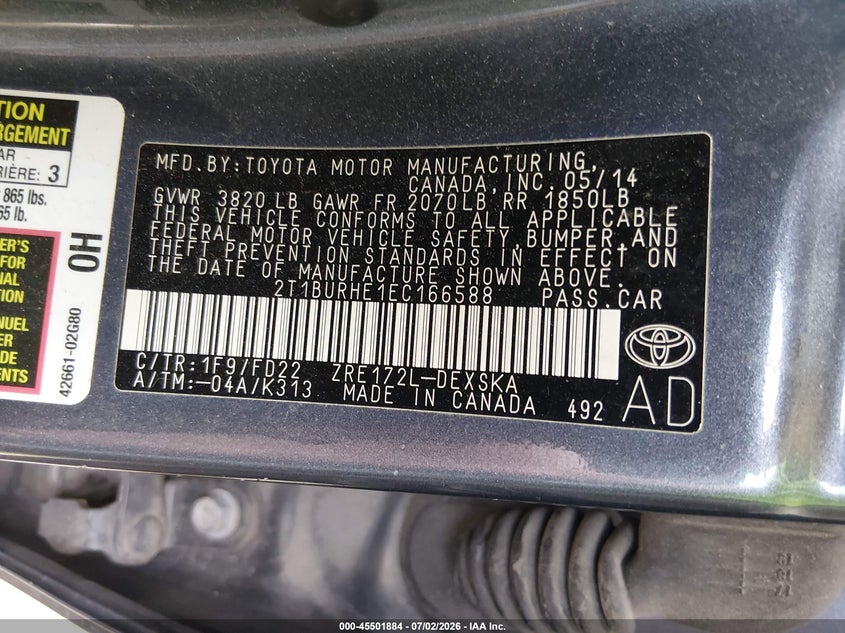 2014 TOYOTA COROLLA SEDAN 1.8L I-4 DOHC, VVT, 132HP